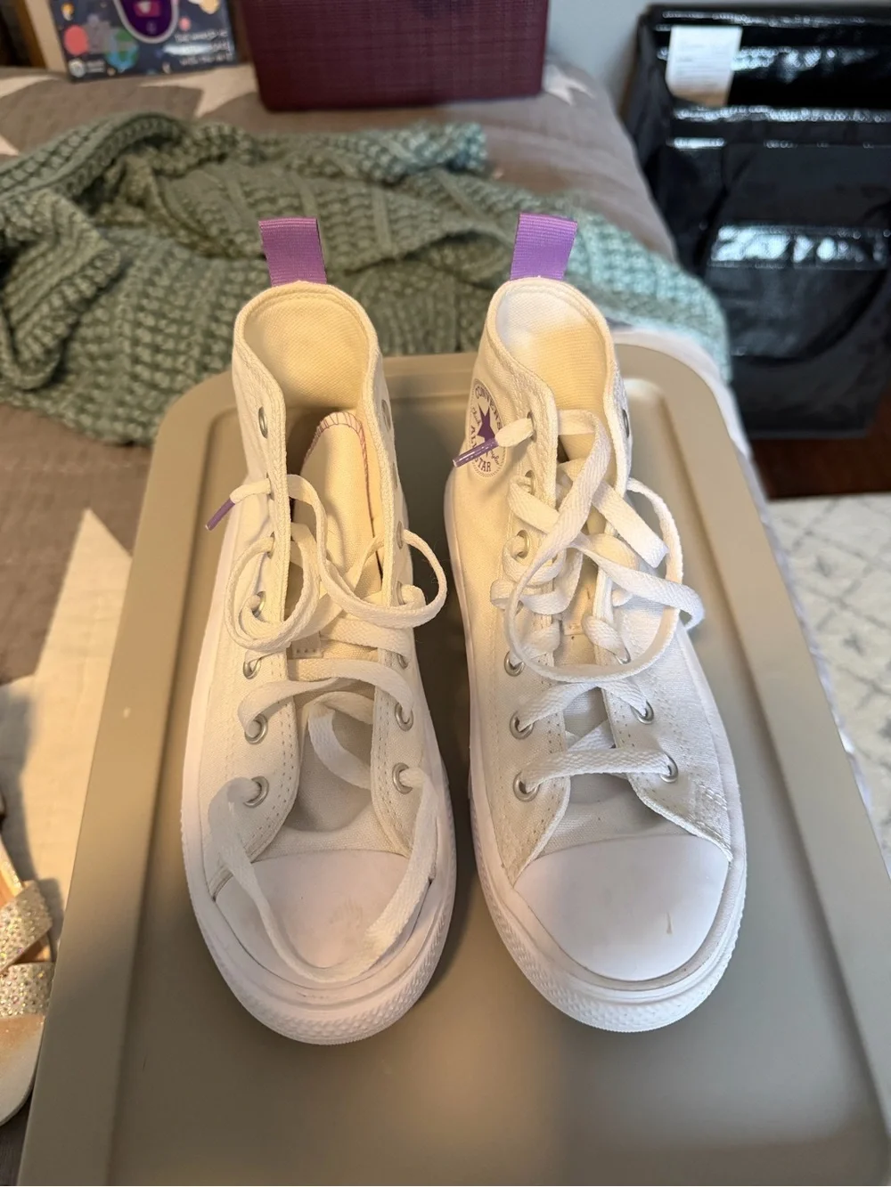 Converse Kids White High-Top Sneakers with Purple Pull Tabs